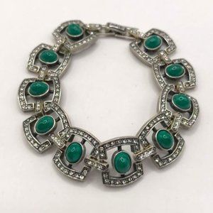 Jenavi Silver Panels Bracelet with Rhinestones and Malachite Cabachons.